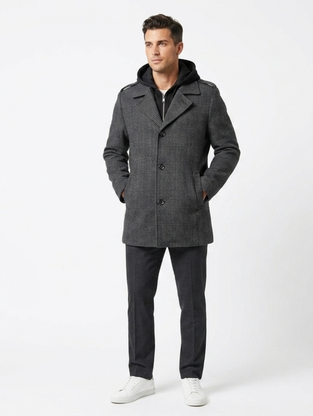 Black Rivet Men's Grey Plaid Hooded Pea Coat Jacket - M 2-in-1 Wool Blend